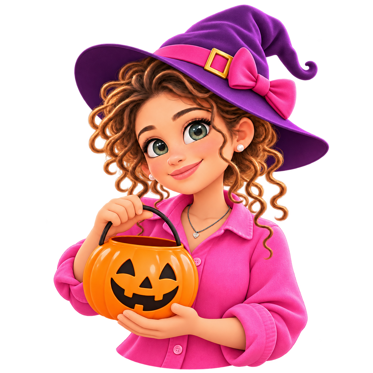 Antonella con cappello viola e zucca sorridente